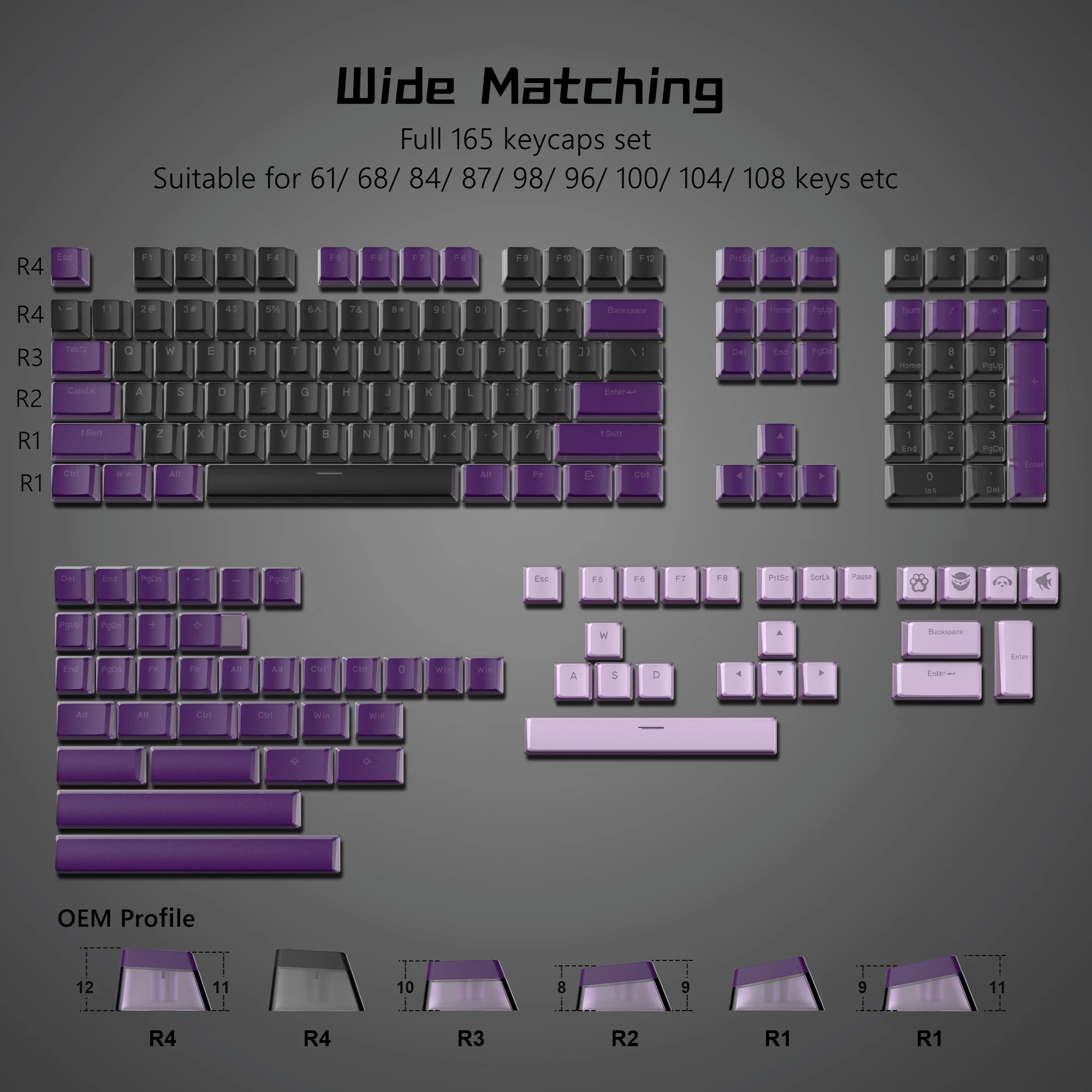 Purple Pudding Pbt Keycaps Conjunto de Keycap do Perfil Oem para Jogos Mecânicos Double Shot 100 75 65 60 165 Chaves Oem - Imagem 4