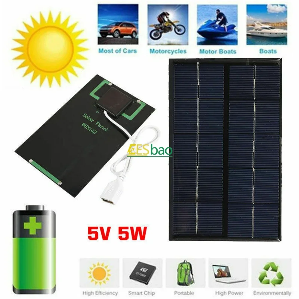 USB 5W 5V Portable Solar Panel Outdoor Solar Charger Pane Climbing Fast Charger Polysilicon Travel DIY Generator