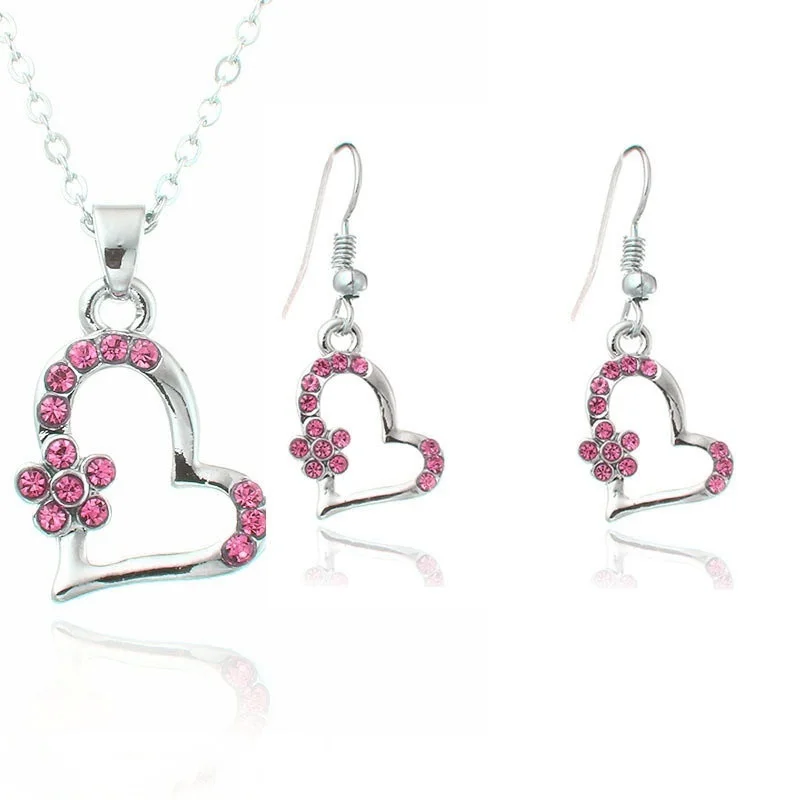 3pcs/set Jewelry Set Women Cute Heart Necklace Silver Plated Diamond Crystal Pendant Bride Earrings