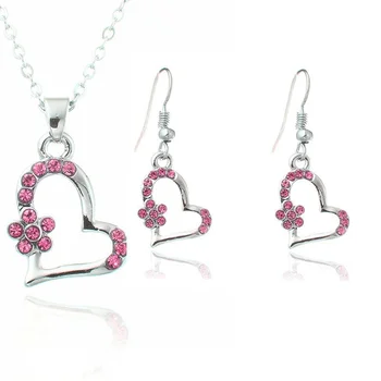 3pcs/set Jewelry Set Women Cute Heart Necklace  Silver Plated Diamond Crystal Pendant  Bride  Earrings