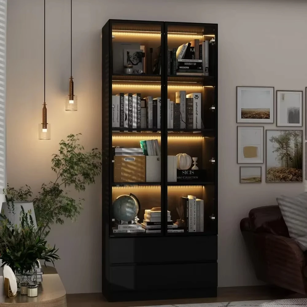 Display Cabinet, with 2 Glass Doors and Lights, Display Case Cabinet with 4-Tier Storage Shelves and 2 Drawers, Pop-up Design 6