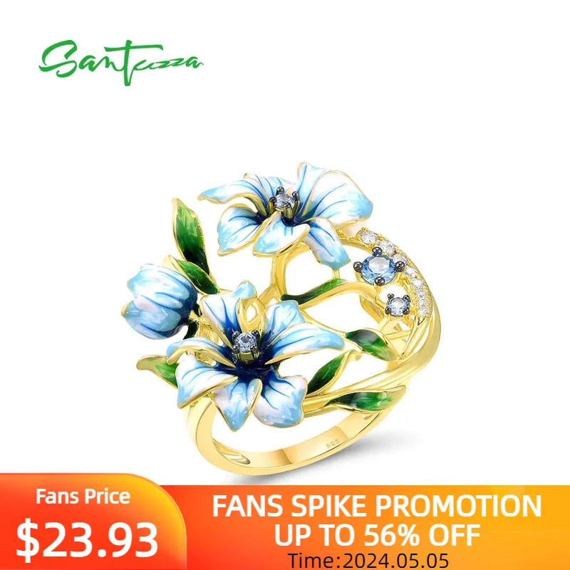 

SANTUZZA Genuine 925 Sterling Silver Rings For Women Blue Spinel White CZ Handmade Enamel Flower Ring Delicate Fine Jewelry