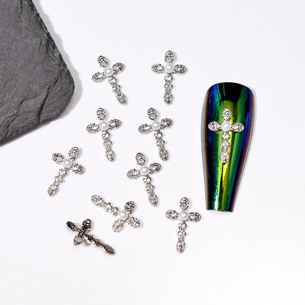 5pcs Y2k Gothic Luxury Cross Nail Art Charms 3D Pink/Silve/Black Large Heart Cross Nail Rhinestones for DIY Manicure Crafts Deco