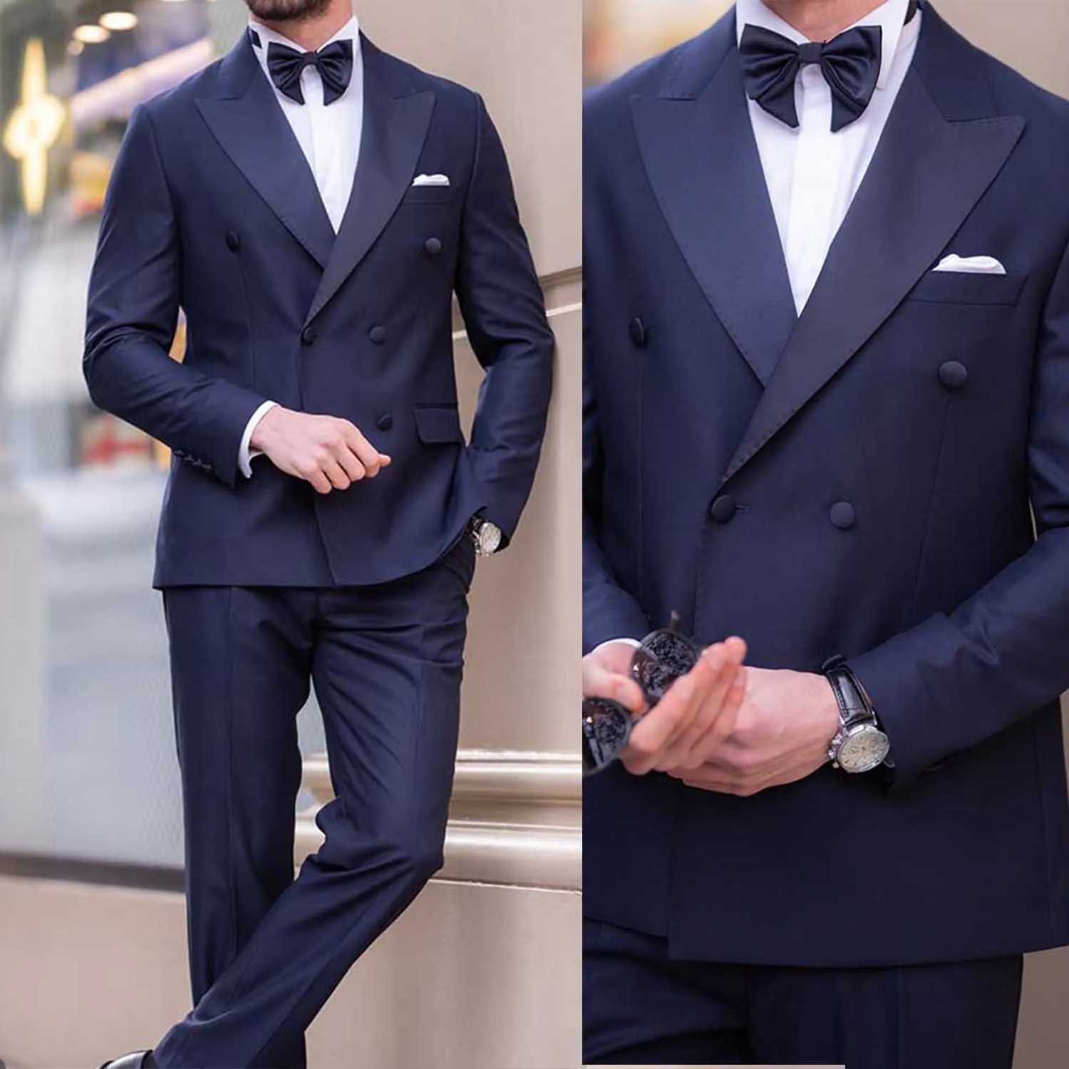 

High Quality 2 Pieces Navy Men Suits Tuxedo Peaked lapel Formal Suit Custom Size Single Breasted 3 Pockets Blazer+Pant
