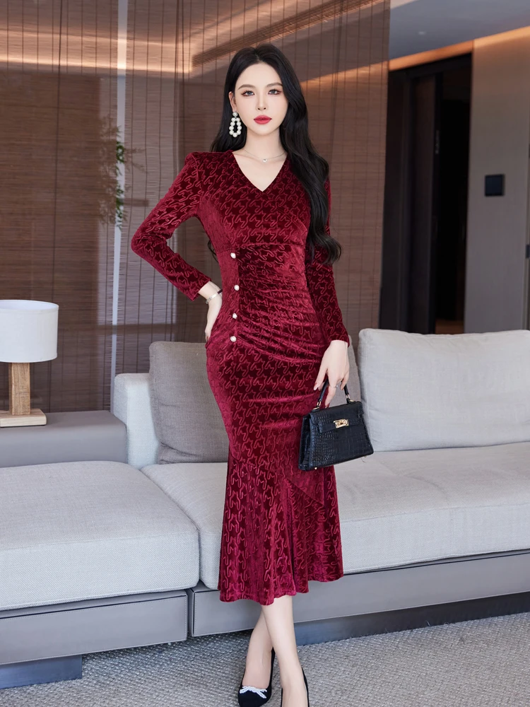 

Платье женское Новое Осеннее элегантное приталенное платье средней длины с V-образным вырезом и длинными рукавами модное бархатное женское платье-годе Бесплатная доставка