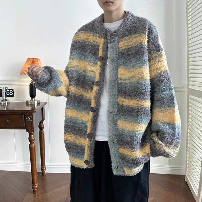 Harajuku Black Color Striped Knitted Cardigan Men's Vintage Korean Style Oversized Designer Tie Dye Grandpa Sweater
