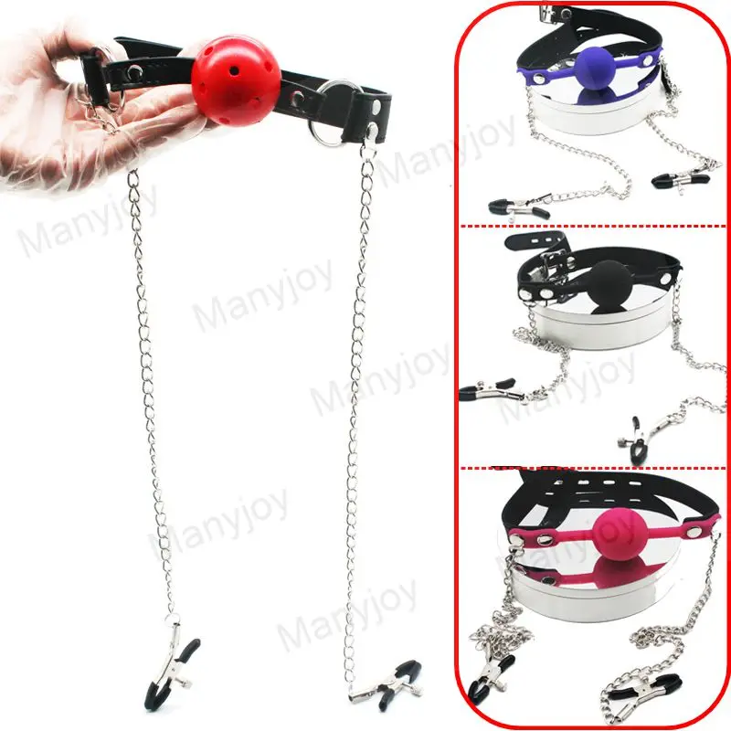 

Silicone Open Mouth Gag Ball Metal Chain Nipple Clamps Bdsm Bondage Slave Erotic Sex Toys for Woman Couples Adult Games