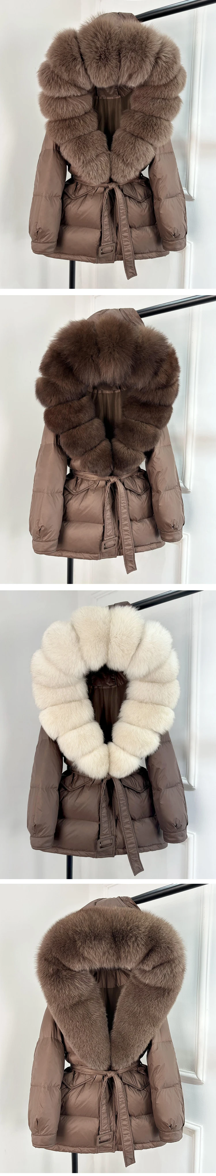 2026 New Fashion Winter White Duck Down Jacket Women Real Natural Fox Fur Hooded Thick Warm Belted Puffer Down Coat Warm Parka