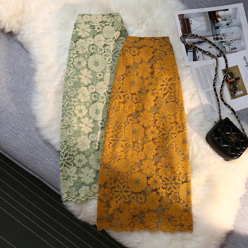 

Women's Chinese Style Lace Hook Flower Straight Skirt Summer Chic Fashion Female High Waist Split Design Medium Length Skirt