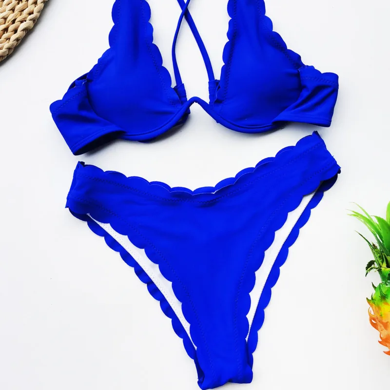 Sexy Ruffle Thong Swimwear Girl Summer Push Up Biquini Two Pieces Bathing Suits Underwire Bikinis Set Micro Solid Swimsuit Women
