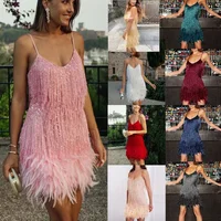 Sleeveless Design Tassel Sequin Feather Patchwork Dress