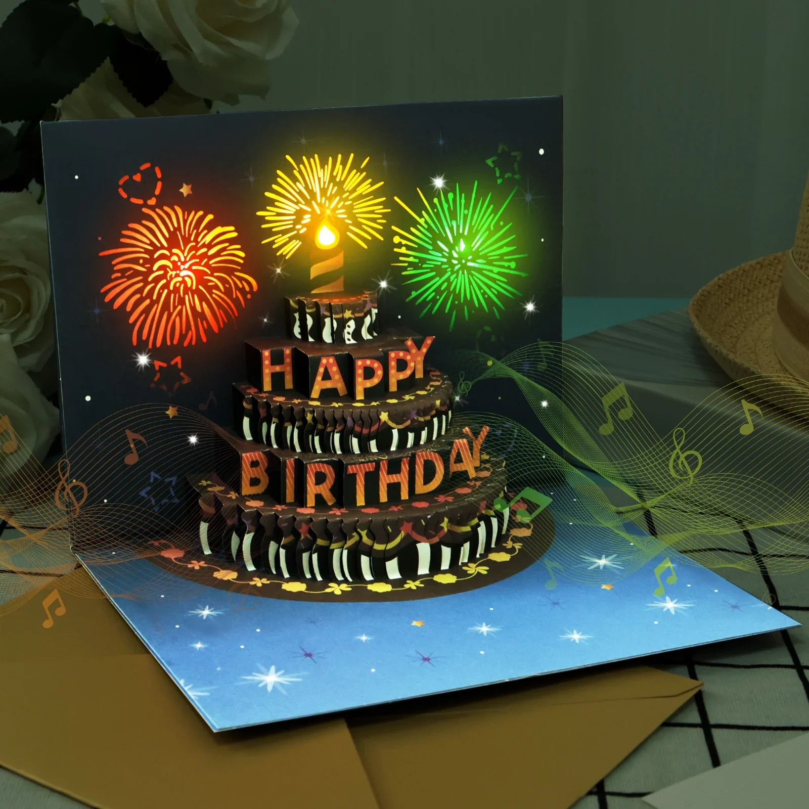 Birthday Cards Lights and Sound Pop up 3D Pop up with Envelope Happy Birthday Card Fireworks Greeting Cards