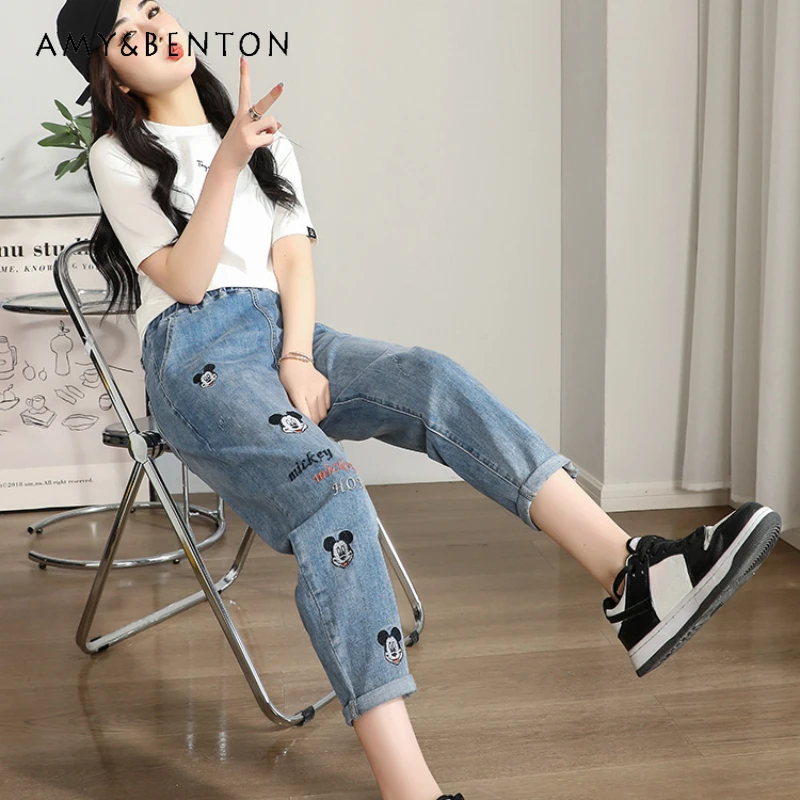 

Potdemiel Elastic High Waist Harem Jeans Women's Summer Thin Cropped Loose Slim Fit Embroidery Oversize Denim Daddy Pants Female