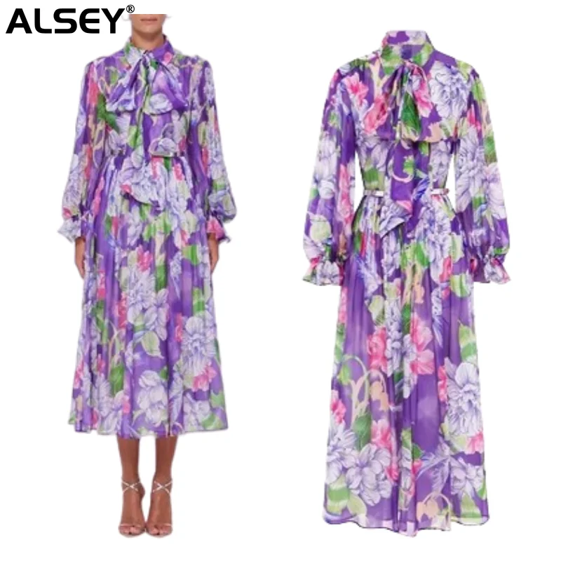 

ALSEY Women's Purple Dress Temperament Commuter Swing Long Sleeve Waist Slim Fashion Printed Skirt 2023 Early Autumn New