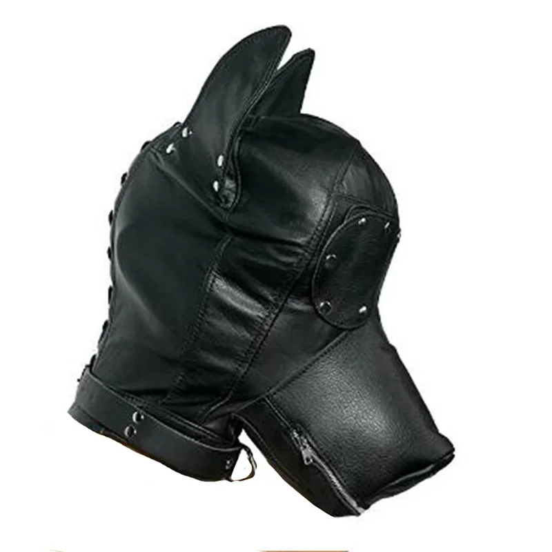Leather Padded Hood Blindfold And Head Harness Gag Set_voghion.com