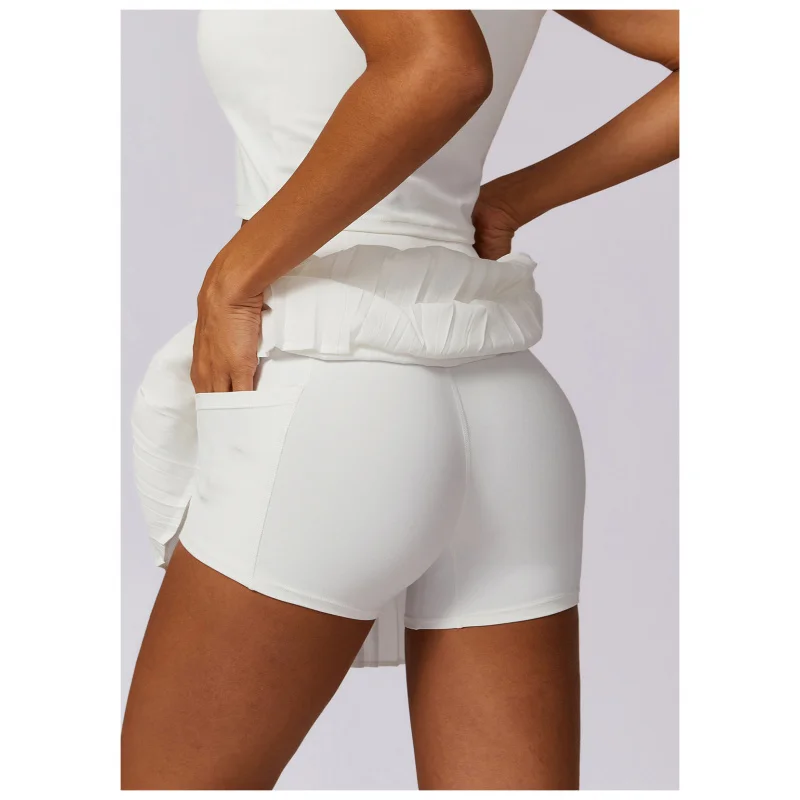 Casual Pleated Sports Skirt Women'S Stretch Fake Two-Piece Quick-Drying Tennis Culottes With Pockets Sportswear