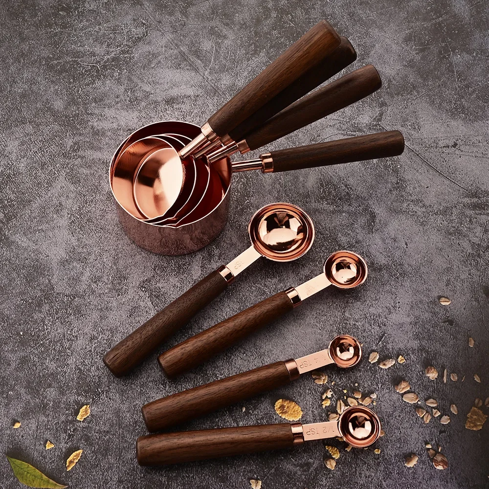 Kitchen Measuring Spoon Set Rose Wooden Handle Stainless Steel