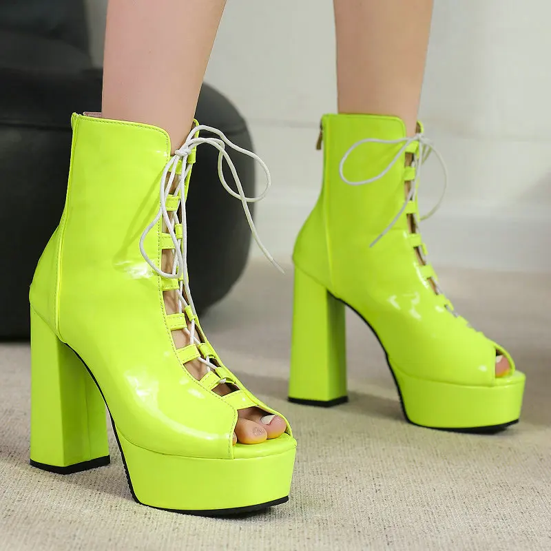 

Bright Neon Yellow Color Lace-up Women Summer Boots Peep Toe Platform Gladiators Shoes Block High Heels Sandals Big Size 49 50