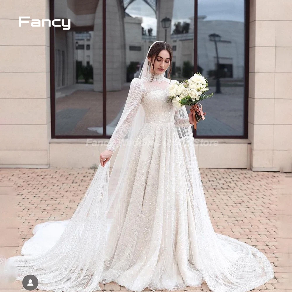 

Fancy Vintage Muslim Wedding Dress O Neck Long Sleeve Bridal Gown Floor Length Lace Vestidos De Novia