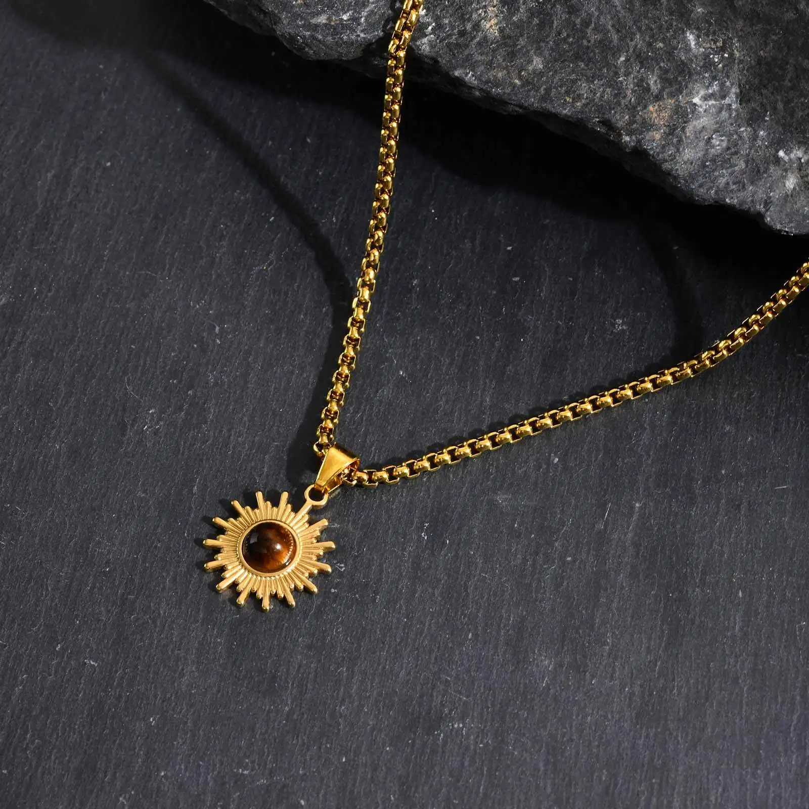 Trendige Sonnenblumen-Halskette für Männer und Jungen, Edelstahl-Naturstein-Anhänger, Schmuckgeschenk für Ehemann, Vater, Sohn, BBF – Detail 10