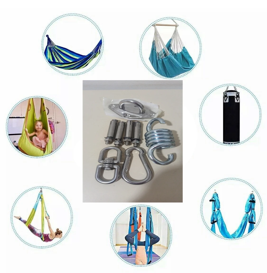 Crochet de Fixation Murale pour Hamac Suspendu,Yoga,Chaise Accrochante et  Sac de Boxe, Acier Inoxydable Kit de Suspension Trainer avec Mousqueton et  Vis de Fixation Fontainebleau Argent