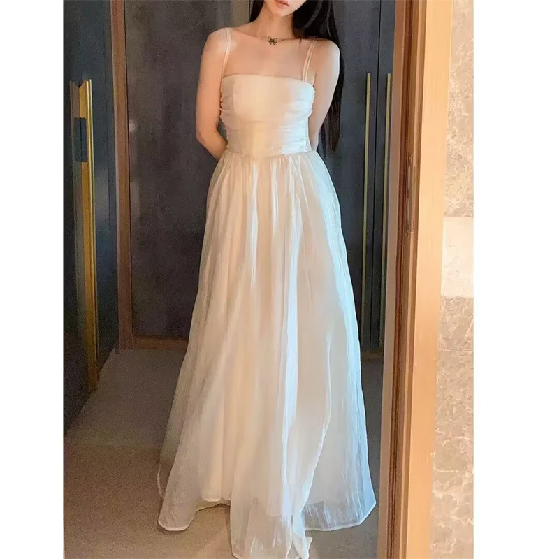 

Women Dress Summer Solid Simple Beach Holiday Long Dress Beige Sexy Elegant Spaghetti Strap Dress Vestidos