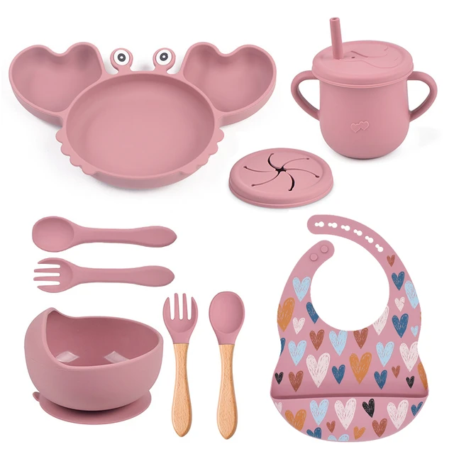 Set Vajilla Silicona Para Bebés Platos Babero Cubiertos Rosa