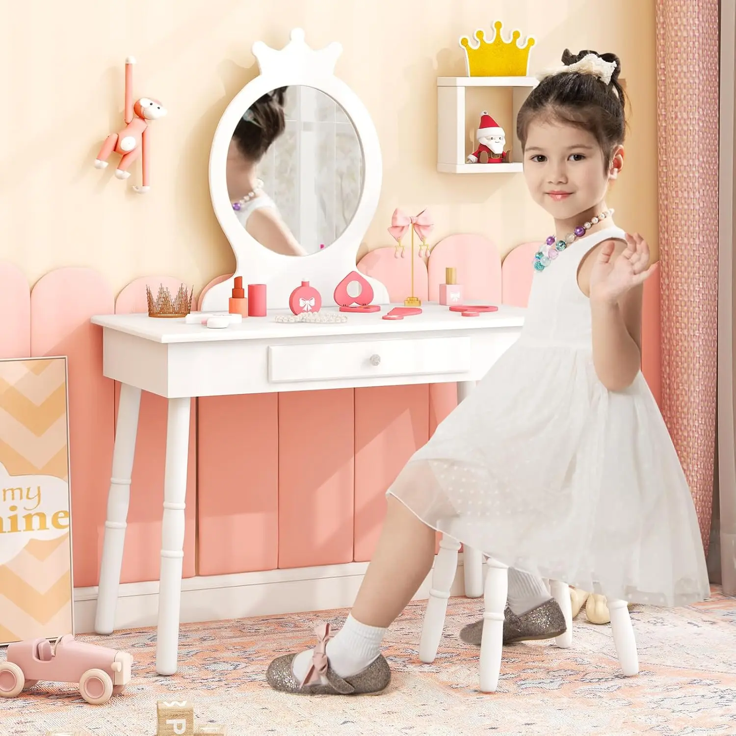 Kids Crown Vanity Set with Mirror & Stool 2