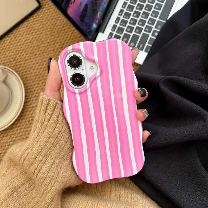 Fashionable Glossy Striped Phone Case with Wave Edge Design