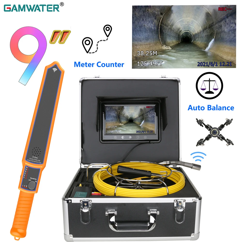 

Sewer Pipe Inspection Camera with 512HZ Locator 9" DVR Meter Counter Auto Self Leveling Pipe Pipeline Industrial Endoscope