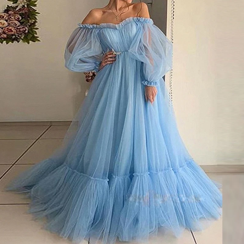 Off Shoulder Sweetheart Overlay Tulle Champagne Bloom Flower Bridal Gowns Women Dress Fairy Solid Color Puffy Mesh Wedding Dress