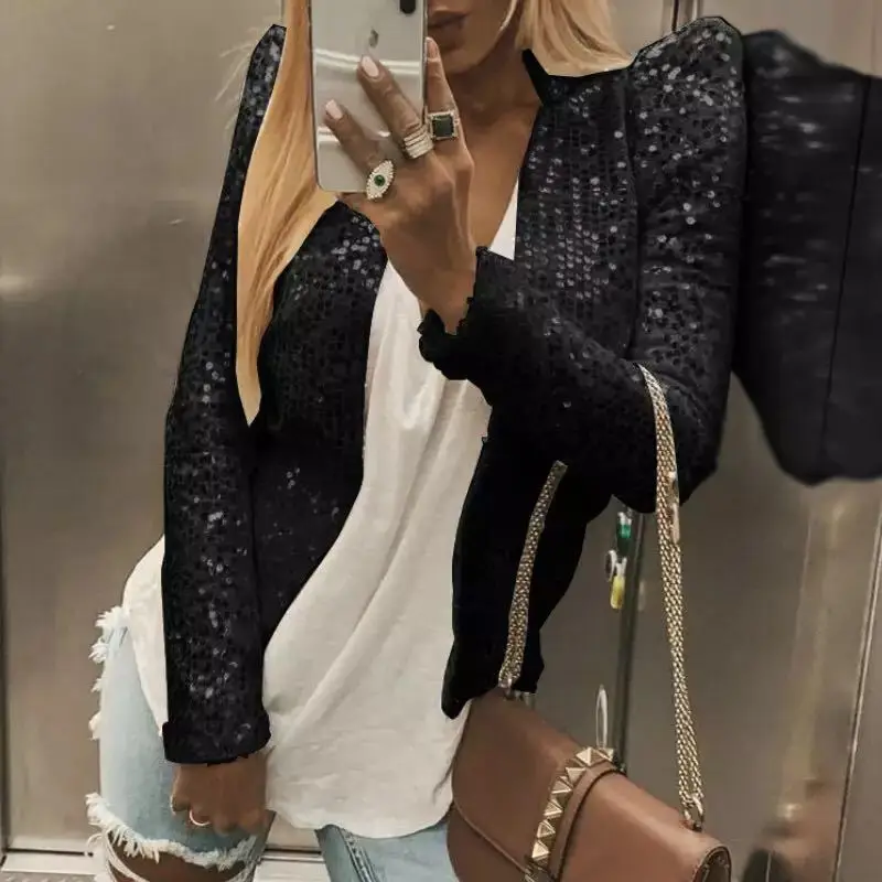 Women's Coats Spring Cardigan Long Sleeve Shiny Sequin Coat Open Front Casual Female Jacket