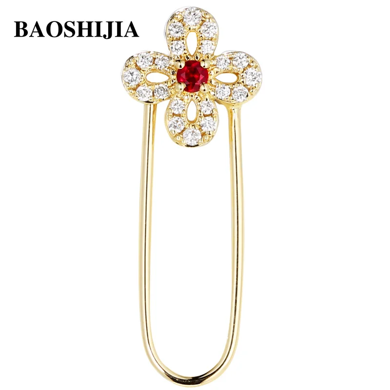 BAOSHIJIA Solid 18k Yellow/Rose/White Gold Ruby Brooch Clover Real Diamonds Jewelry Women Personality Fashion Prong Setting