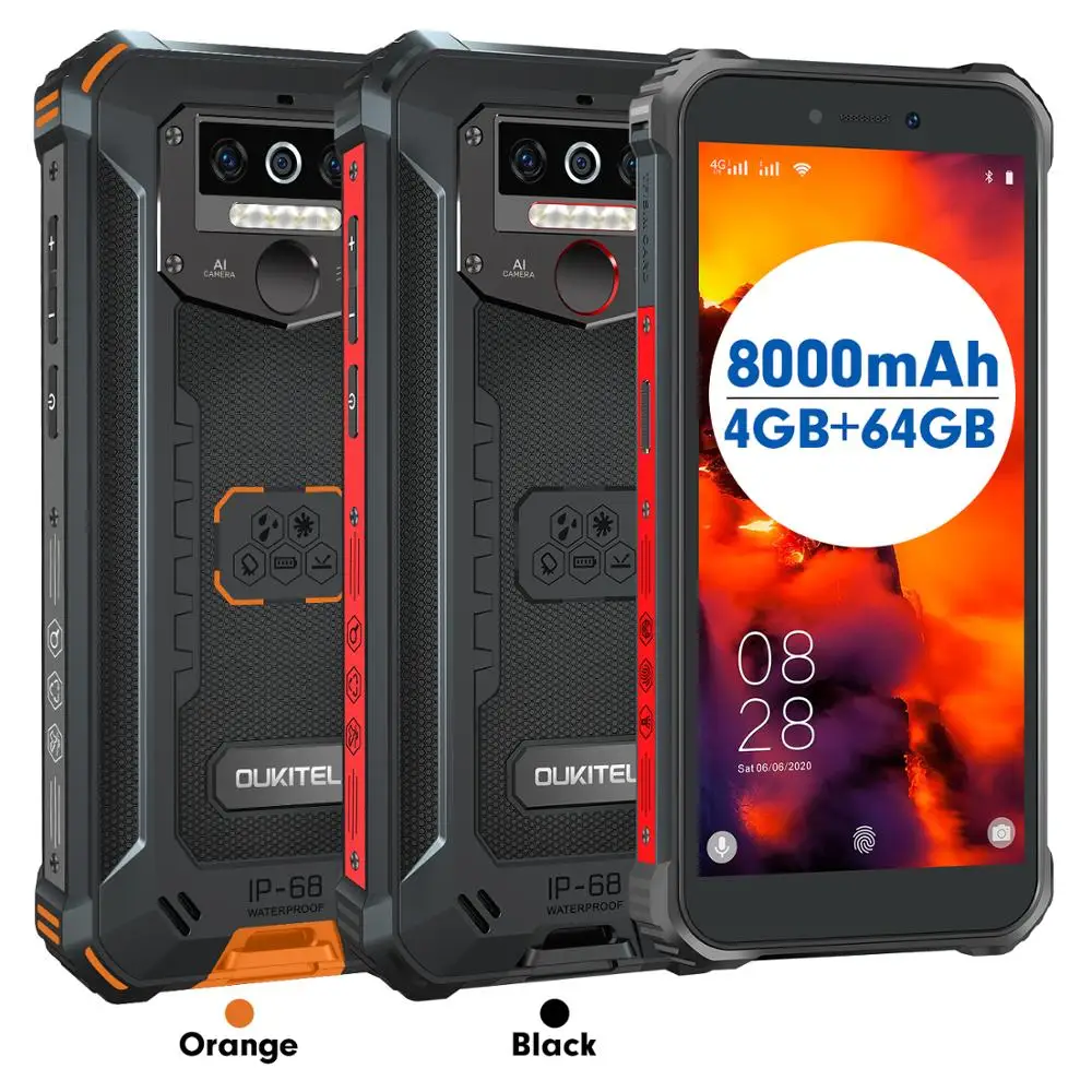 OUKITEL WP5 Pro IP68 Rugged Smartphone 4GB 64GB 8000mAh 5.5"HD+ Octa Core Android10 Mobile Phone 13MP Triple Camera Cell Phone 4