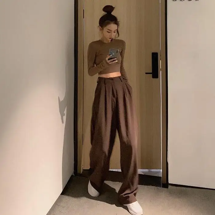 2023 Retro Solid Color Wild Straight Wide Leg Pants Female Spring New Korean Fashion High Waist Casual Long Pants