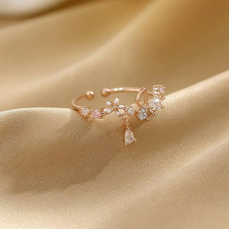 ANENJERY Zircon Flowers Bowkont Adjustable Ring For Women Simple Beautiful Princess Accessories Gift