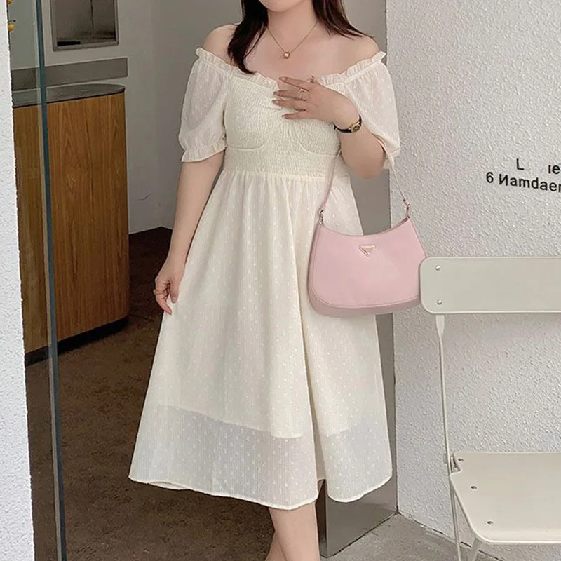 Plus Size Clothes Little Fresh and Sweet Square Collar Stringy Selvedge Solid Pleated Short Sleeve Bow Chiffon Princess Dress