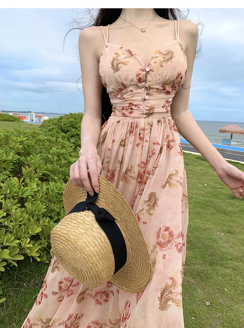 Summer New Spaghetti Strap Floral Long Dresses for Women Backless A-line Beach Style Korean Fashion Party Dress Casual Vestidos