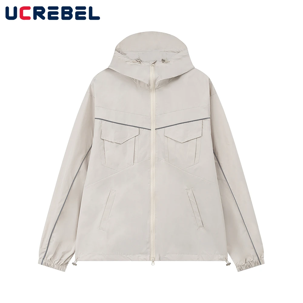 

Solid Color Casual Windbreaker Jacket Mens Autumn Loose Multi-Pocket Long Sleeve Hooded Outerwear Men
