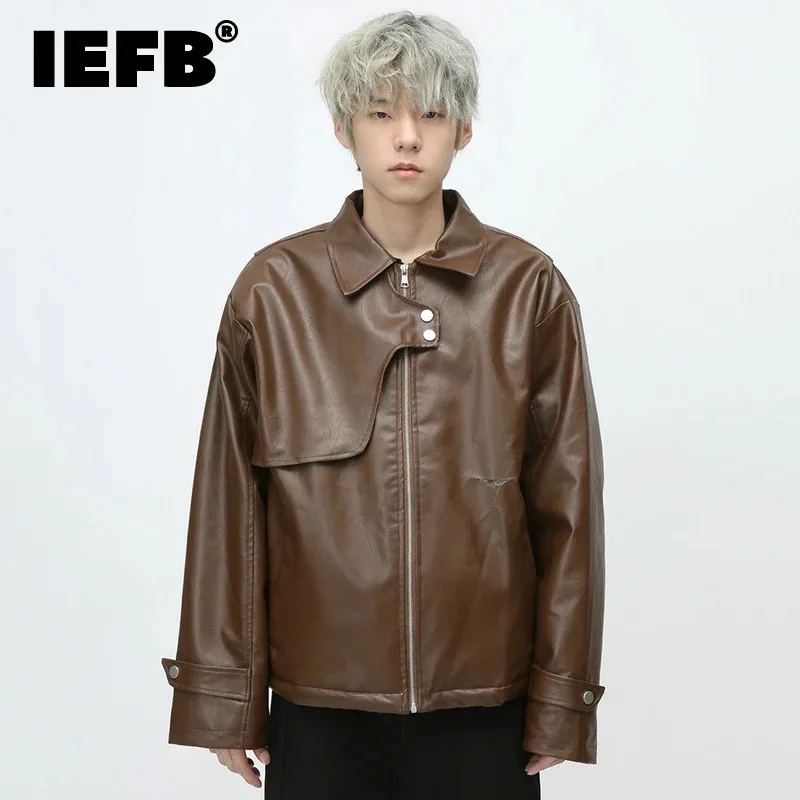 

IEFB Quilted American Style Men's PU Leather Jackets Turn-down Collar Patchwork Niche Design Male Short Coat High Street 9C3981