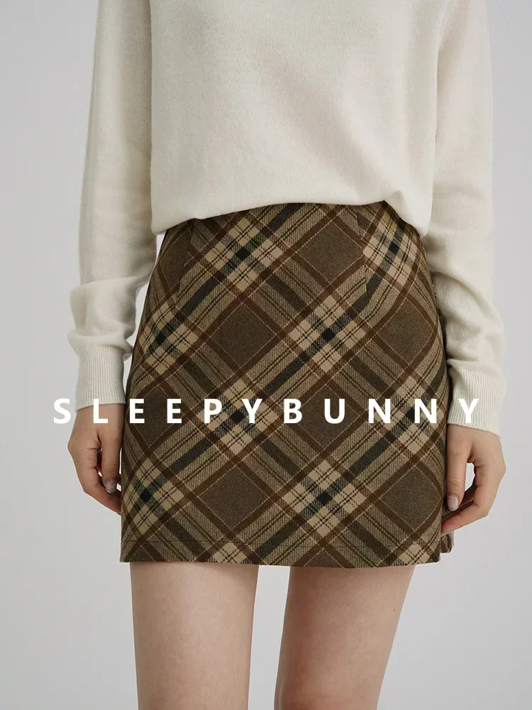 Autumn Winter Women Plaid Wool-Like Skirt High-Waisted Slim Fit Retro American Style Pencil Midi Skirt Elegant and Chic Bottom 4