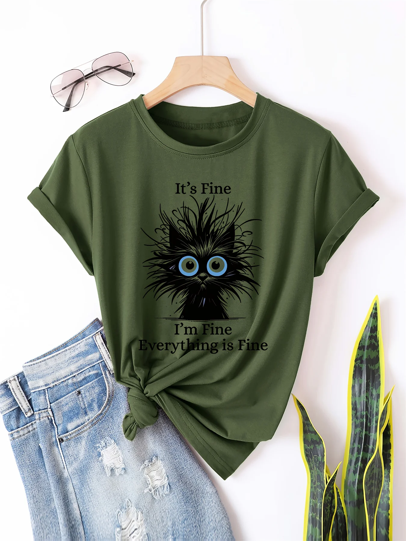 Summer women's 100% pure cotton satirical cat pattern printed casual and comfortable loose round neck short sleeved T-shirt top 3