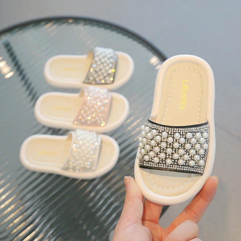 

Kids Baby Little Girls Beading Slippers 2023 Summer New Child Pearls Princess Shoes Children's Soft Sole Korean flip-flops New