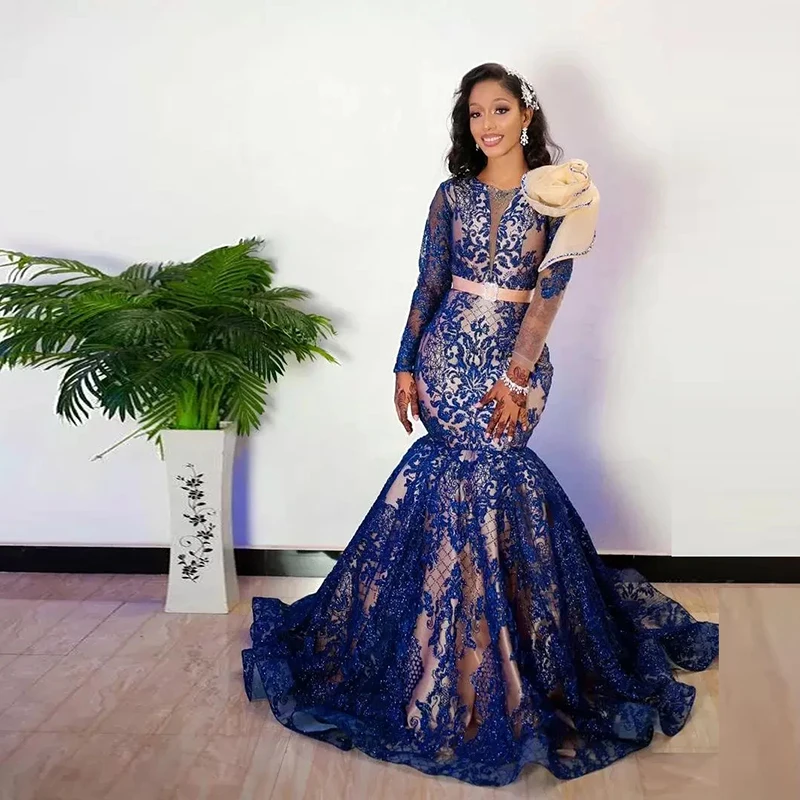 Navy Blue Lace Mermaid Prom Dresses Aso 