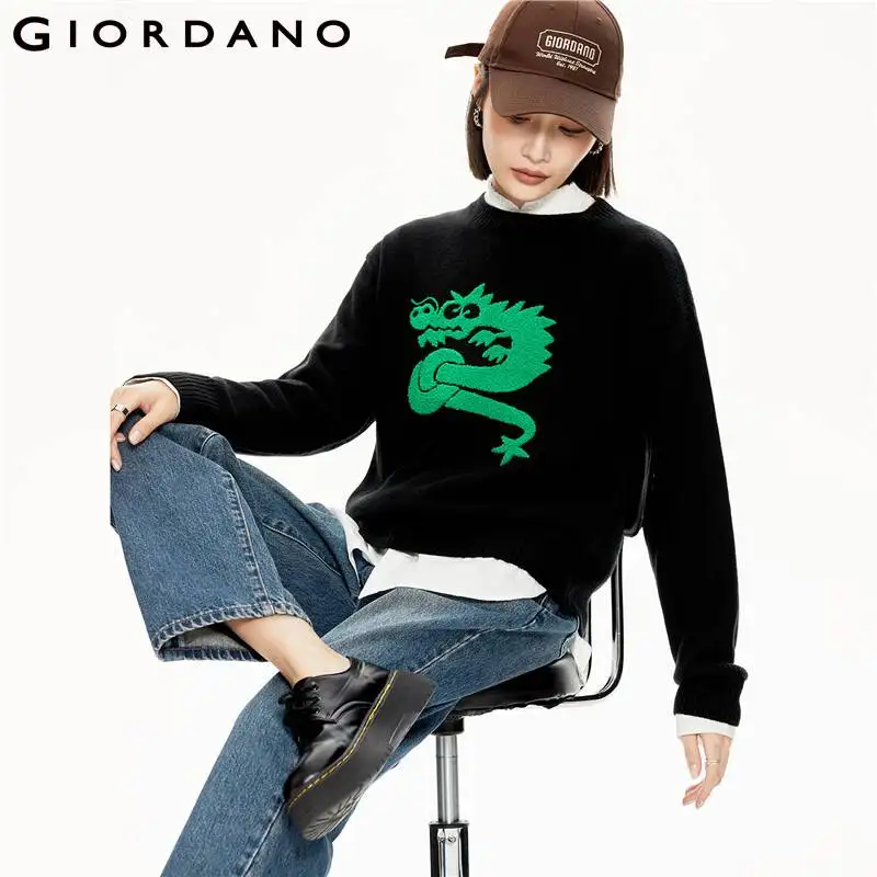 

GIORDANO Women Sweaters Stylish Contrasting Dragon Towelling Embroidery Sweaters Crewneck Warm Fashion Casual Sweaters 18353925