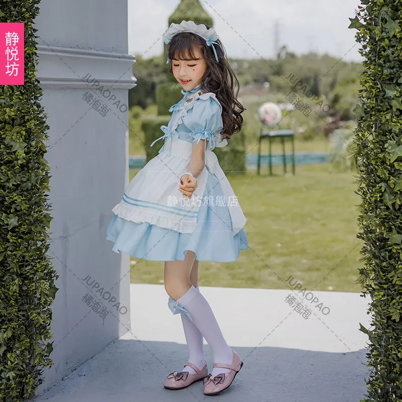 Kids Girls Anime Lolita Princess Cosplay Costumes Short Sleeve Ruffle Maid Dress With Headwear Neckwear Suit
