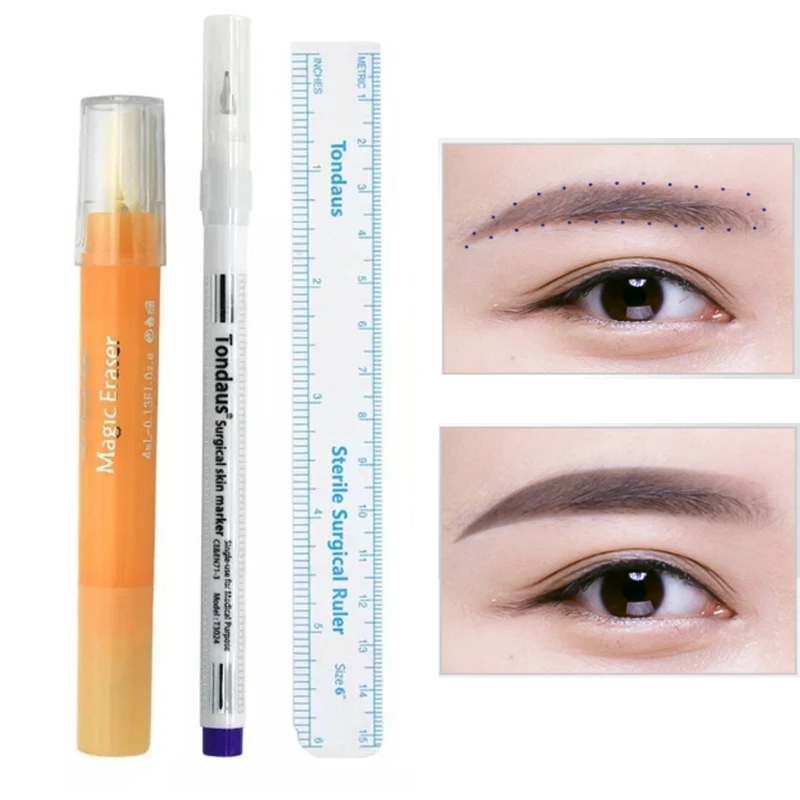 

White Surgical Eyebrow Tattoo Skin Marker Microblading Supplies Permanent Makeup Skin Marker Pen Measure Remove Ruler Set Tool