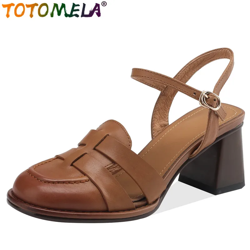 

TOTOMELA New Retro Genuine Leather Shoes For Women 2024 Thick High Heels Summer Sandals Buckle Ladies Slingbacks Sandals
