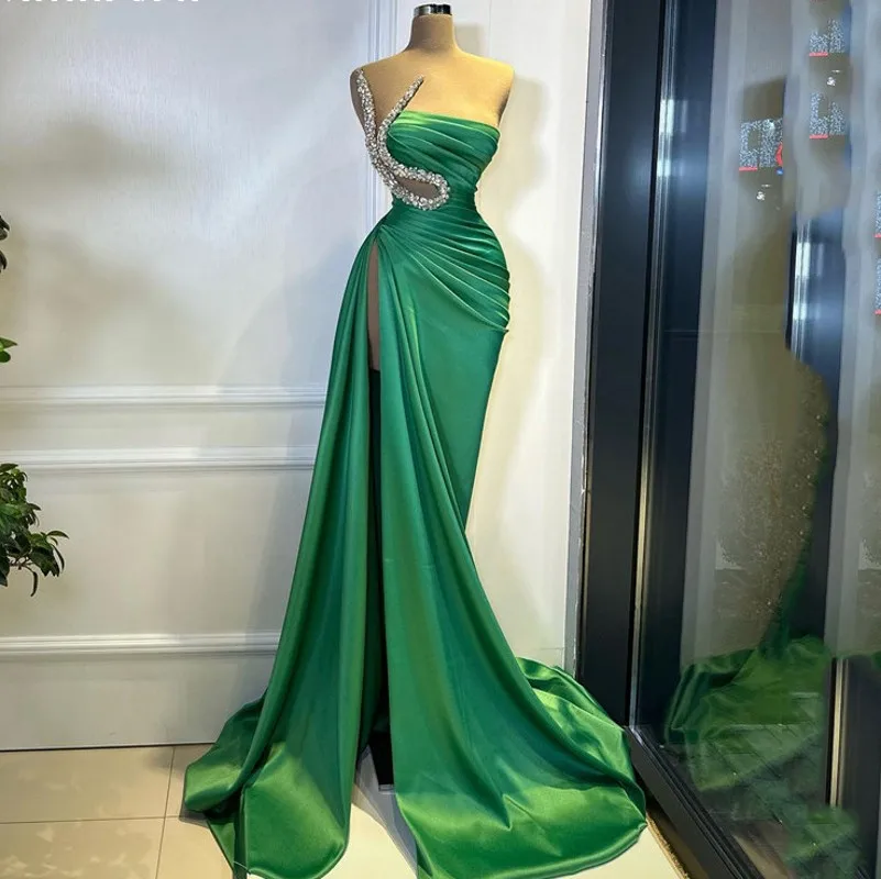 

Sexy Green Women Evening Dresses Illusion Neck Beading Long Slit Satin Prom Party Gowns Robe De Soiree Abendkleider