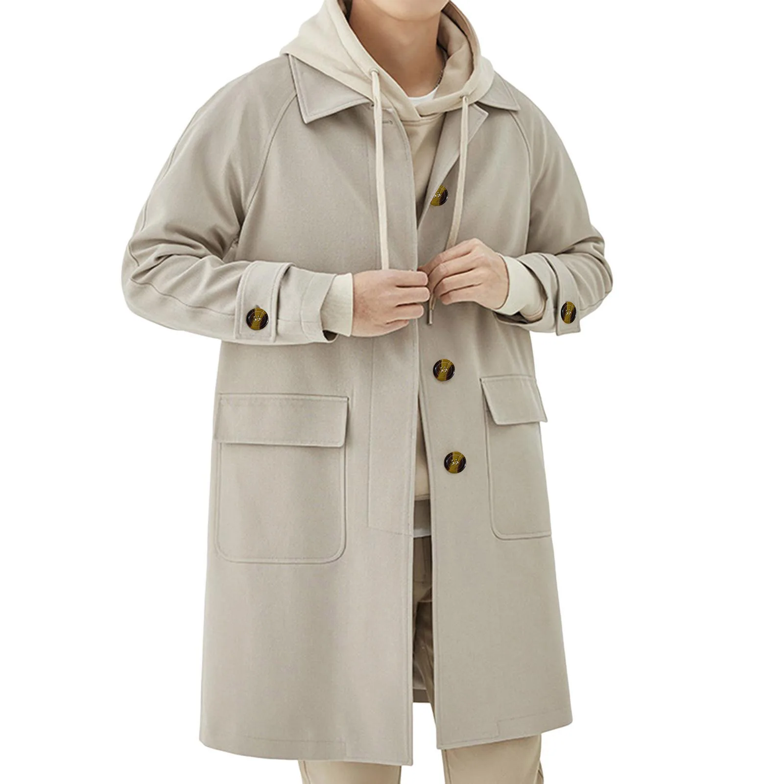 Men's Jackets Spring Single Breasted Medium-Long Trench Coat Male Solid Color Khaki Coat Windbreaker Large Size